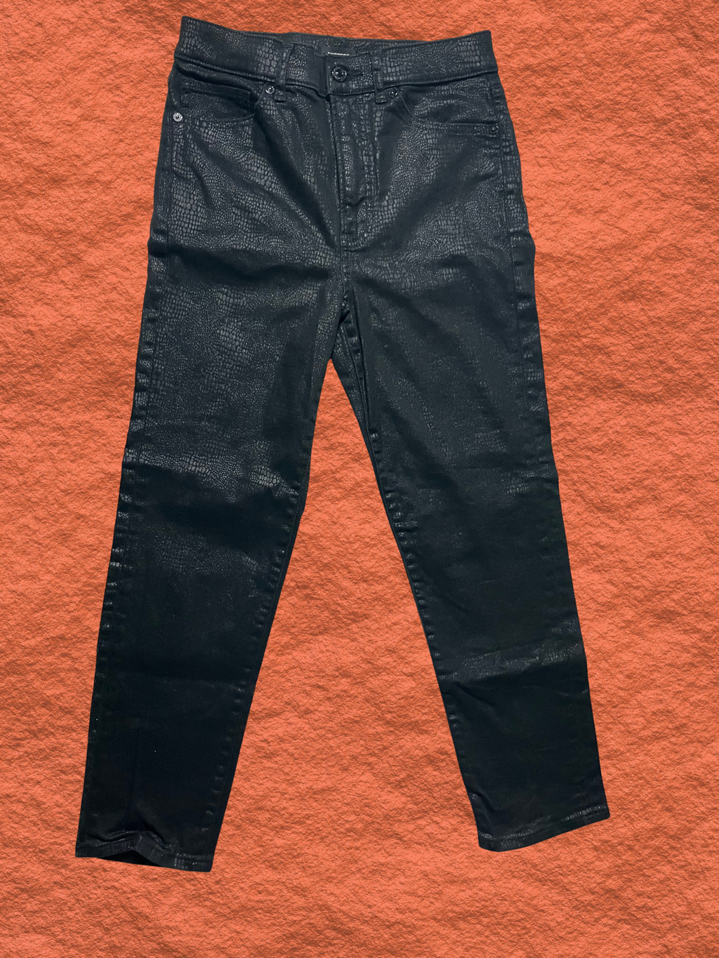 Express — Jeans | Black croc-embossed high-rise, coated denim · Sz 4