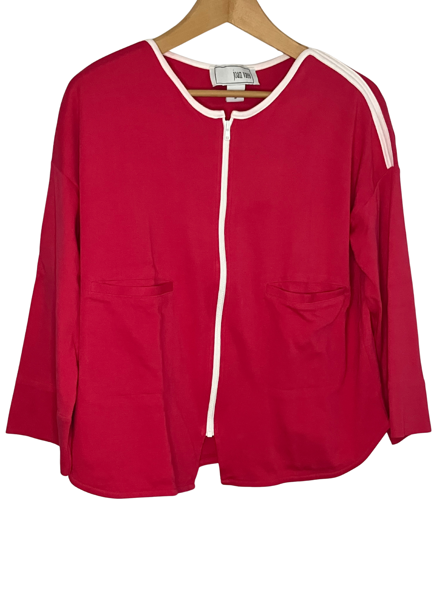 Joan Vass Fuchsia Pink Cotton Zip Cardigan White Trim 3/4 Sleeve Size 2P