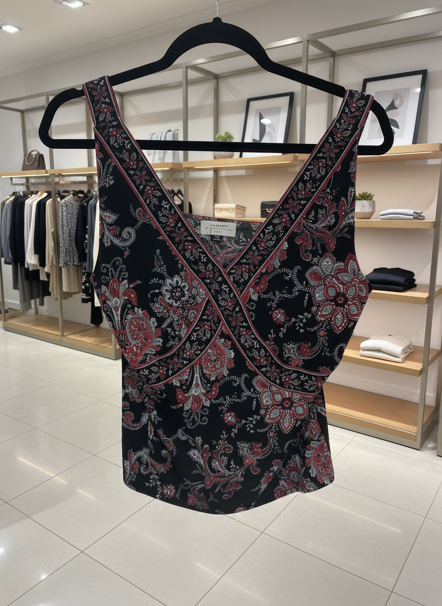 Tahari Paisley Surplice Top Size 10P Petite Black Red White Sleeveless V-Neck