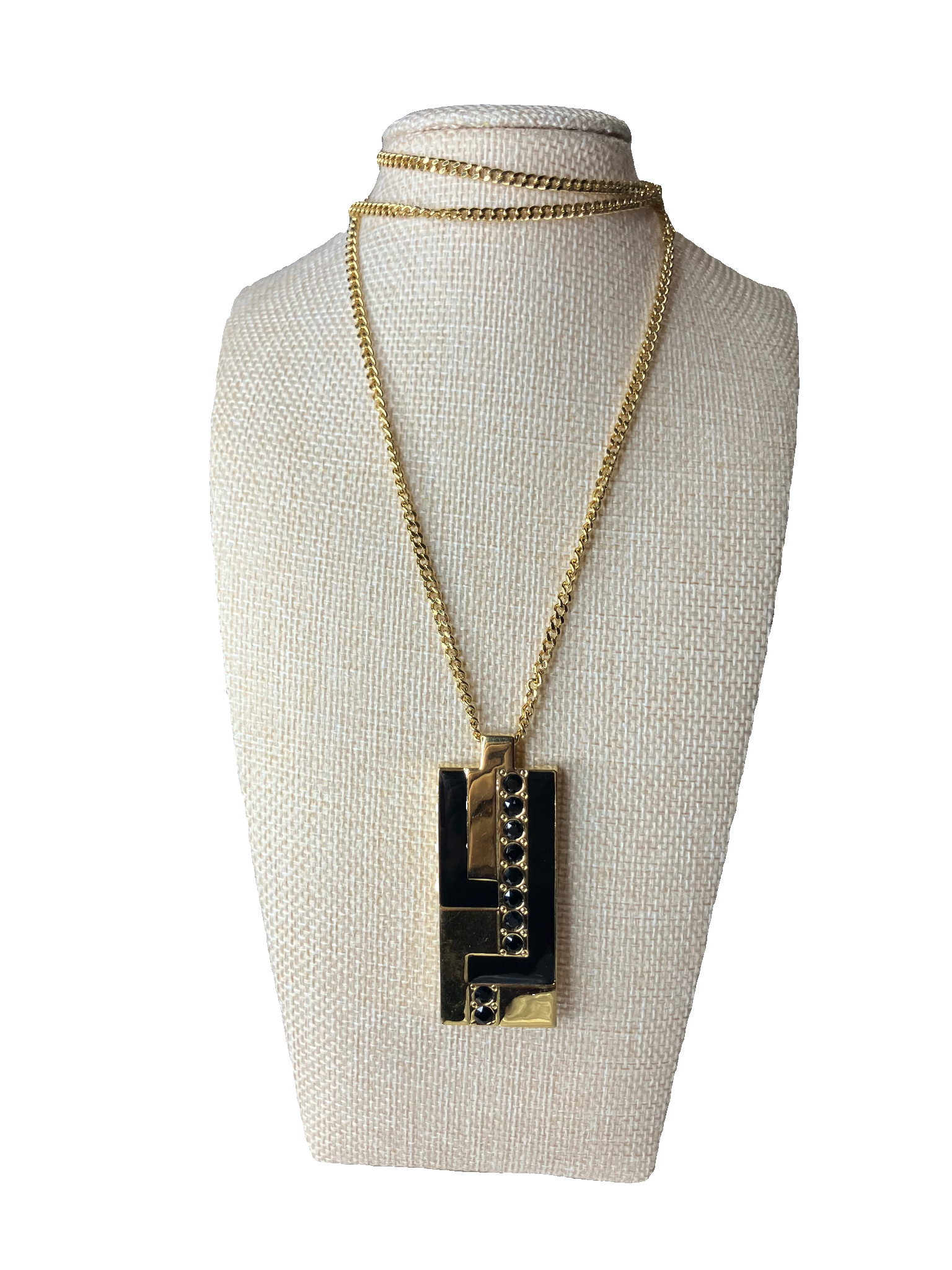 Vintage ST. JOHN Statement Necklace – Gold Tone Geometric Pendant Black Crystals