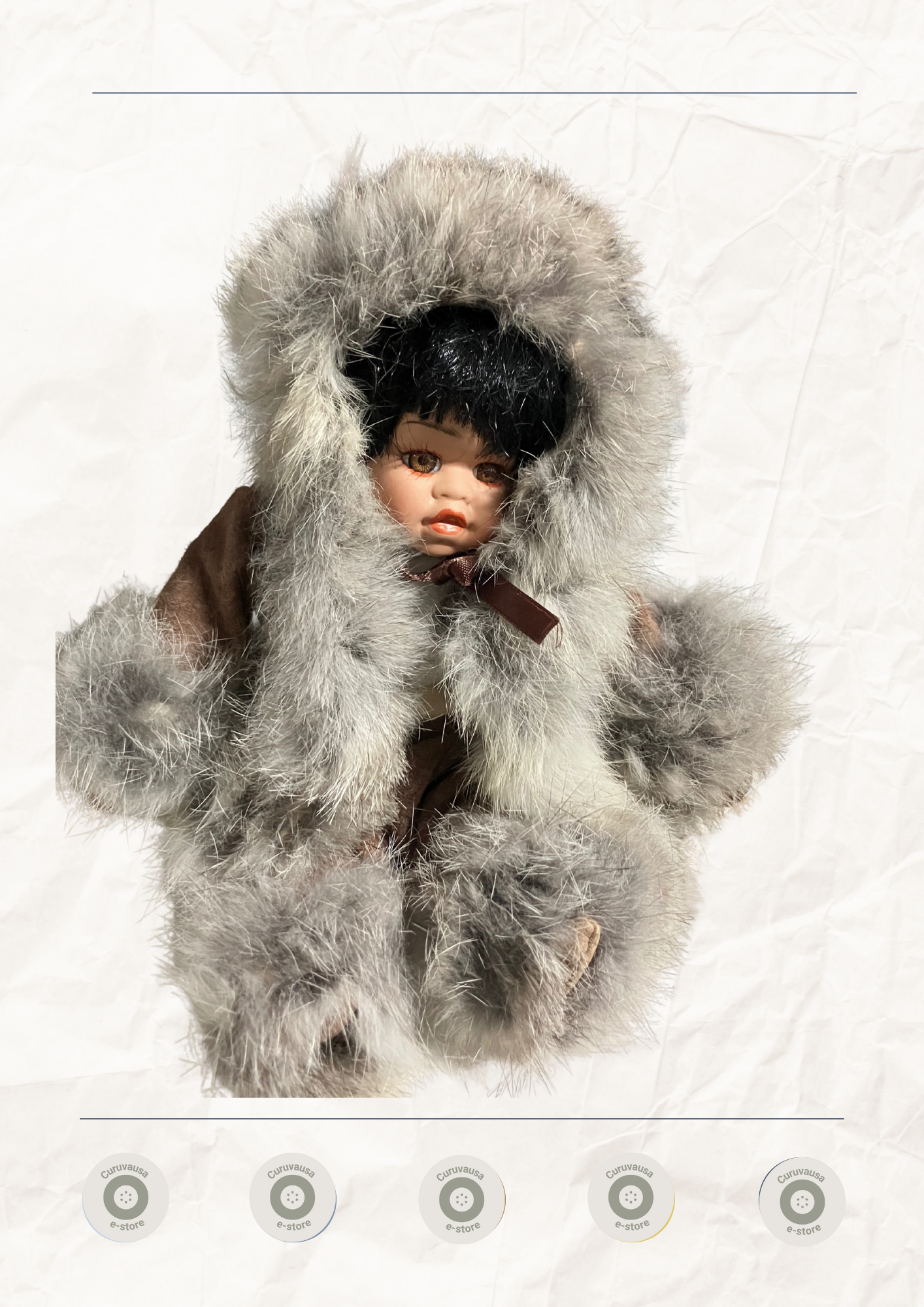 Vintage Porcelain Eskimo Doll with Faux Fur Hood – The Broadway Collection – Hand Painted – 10”