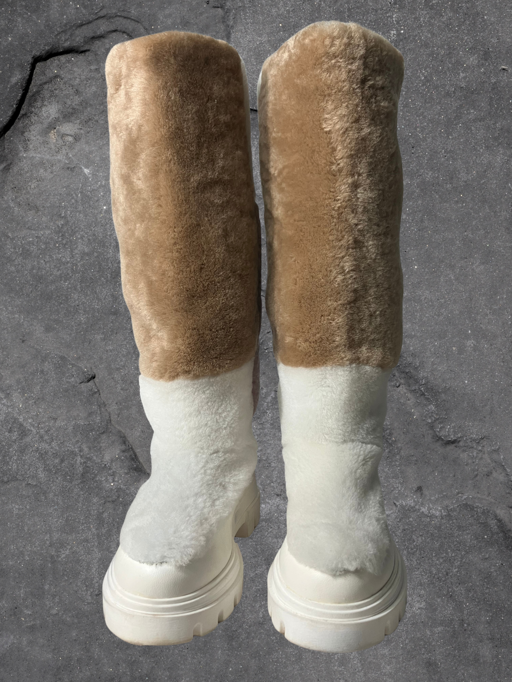 Free People — Knee-High Shearling Boots | Patchwork panels, chunky lug sole · Sz 6.5