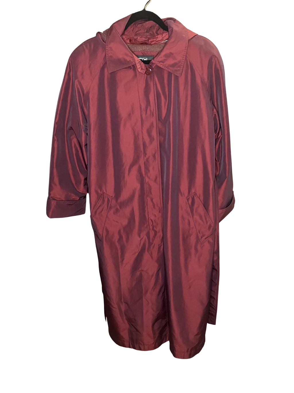 FS Rainwear — Hooded Long Coat | Burgundy fleece-lined nylon, late 90s vintage · Sz L