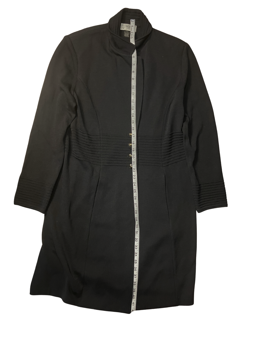St. John Collection Black Knit Long Coat Ribbed Detail Size 14