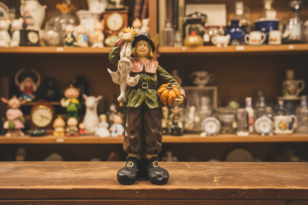 Vintage Thanksgiving Pilgrim Figurine with Goose & Pumpkin - 9" Resin