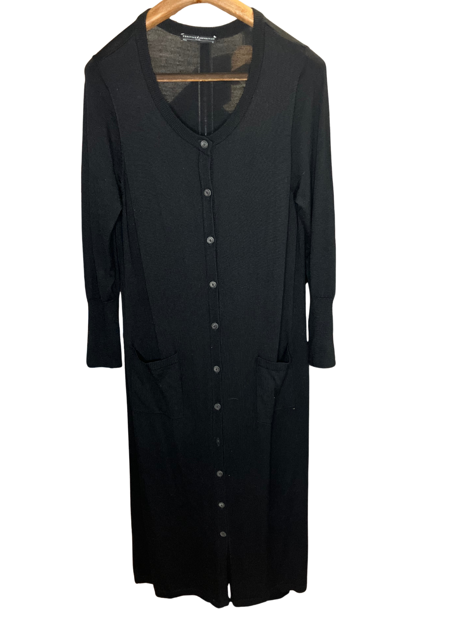 Peruvian Connection Black Wool Silk Cardigan Duster Midi Long Sleeve