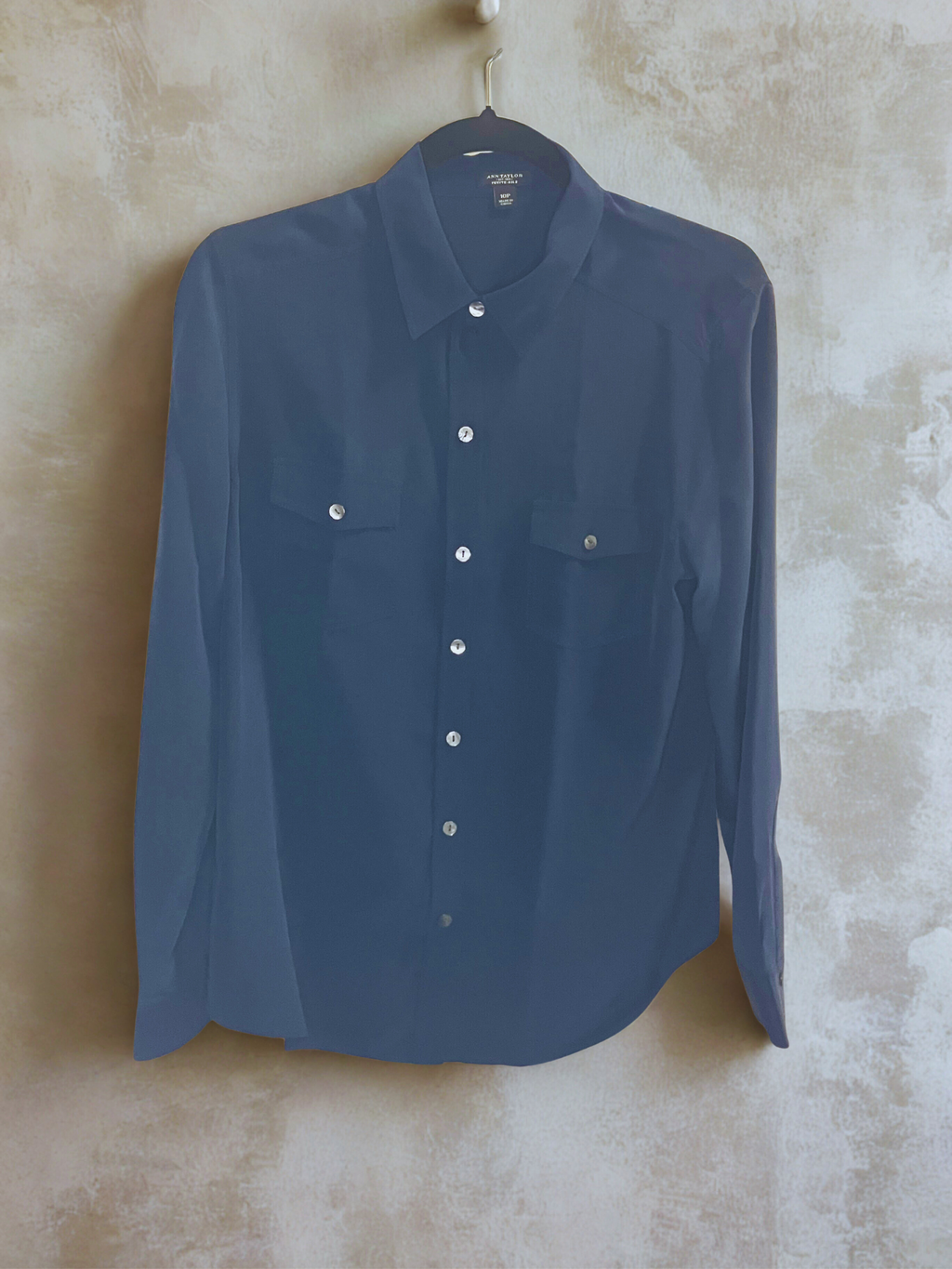 Ann Taylor Petite Navy Blue Silk Button-Down Blouse Size 10P