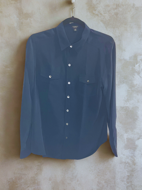 Ann Taylor Petite Navy Blue Silk Button-Down Blouse Size 10P