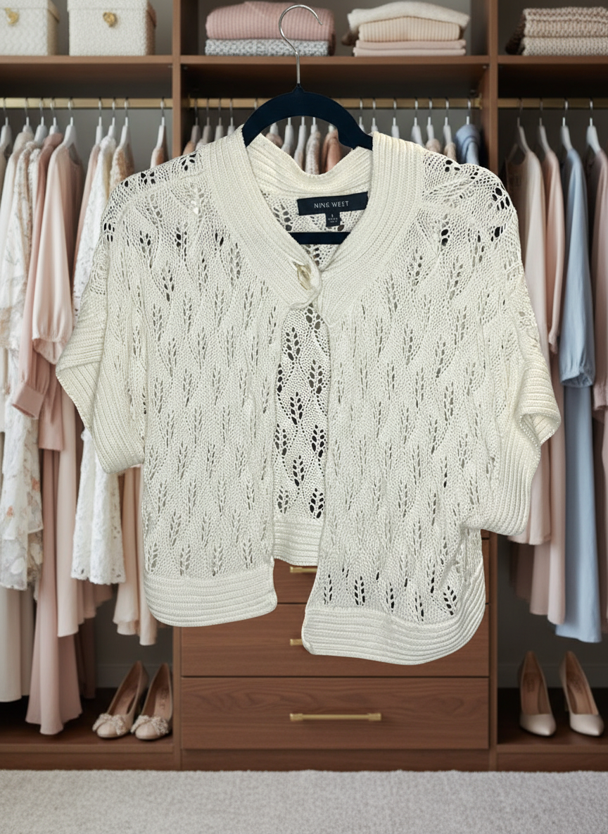 Nine West Open Knit Shrug Cardigan Women's Ivory Pointelle Short Sleeve