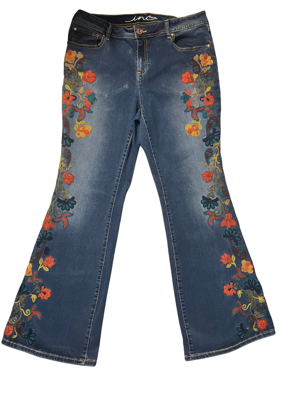 INC International Concepts Floral Embroidered Flare Jeans Size 12