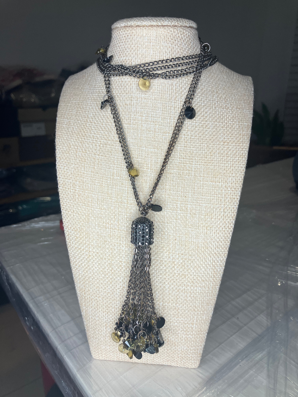 Multi-Layer Tassel Necklace Gunmetal Black Amber Statement Boho Chic