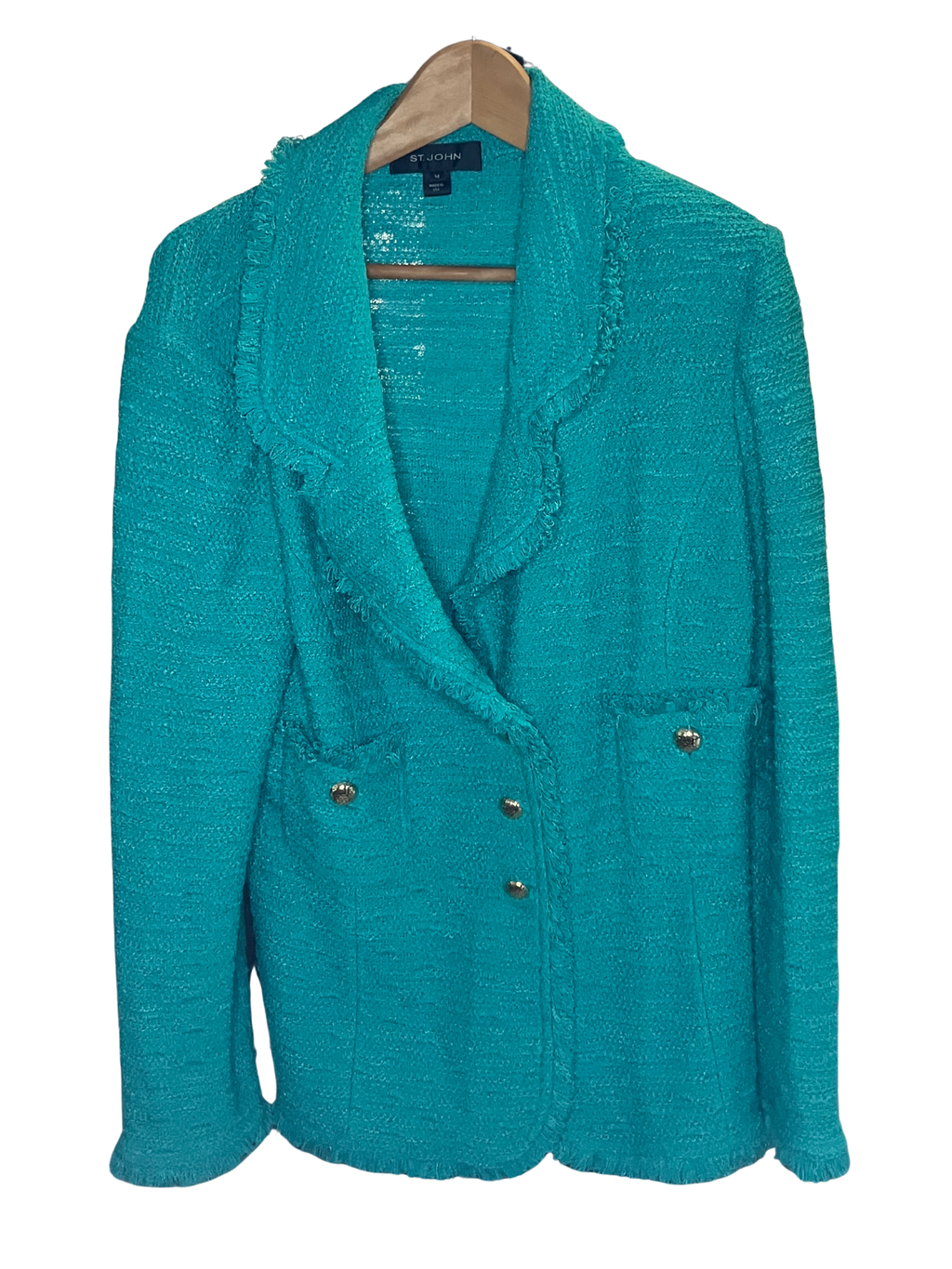 St. John Turquoise Boucle Knit Blazer Size 14 Made in USA - Like New