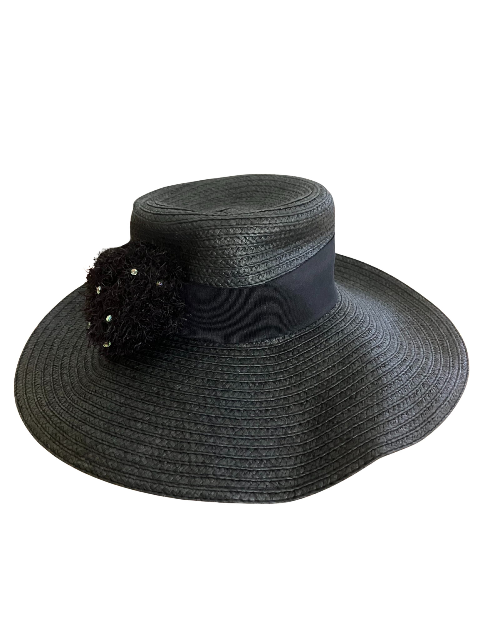 August Hat Company Black Wide Brim Straw Hat - Floral Embellishment