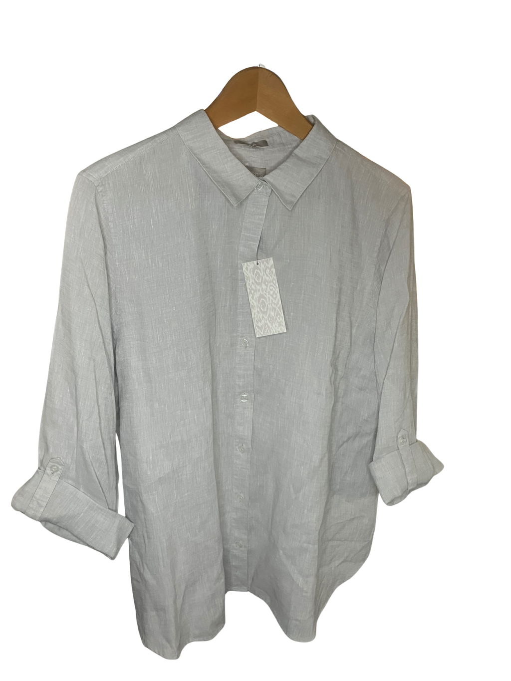 Chico's No Iron Linen Shirt 3 XL Gray Button Down Roll Tab Sleeve NWT