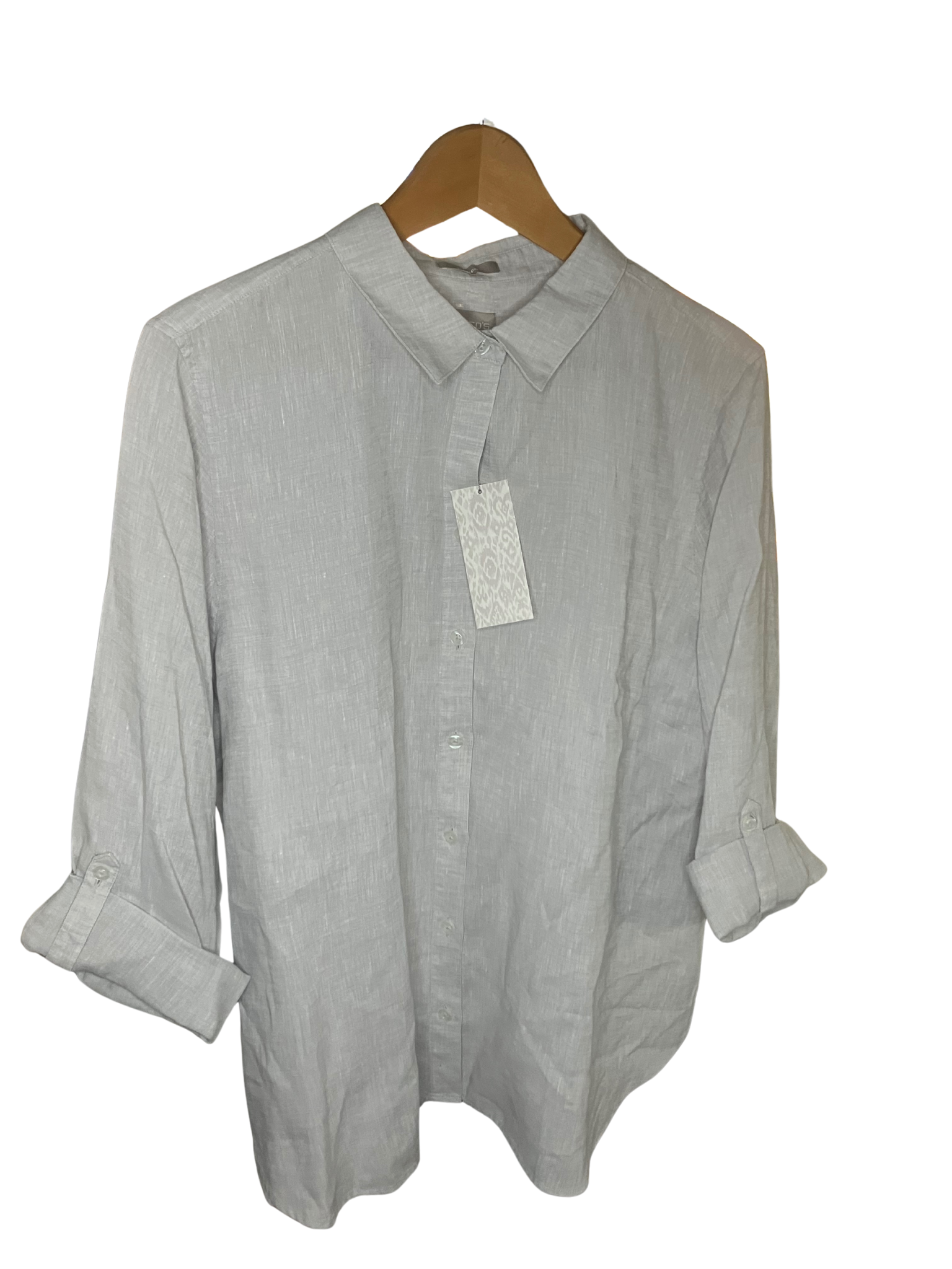 Chico's No Iron Linen Shirt 3 XL Gray Button Down Roll Tab Sleeve NWT