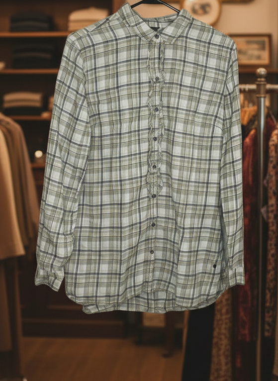 Eddie Bauer Plaid Ruffle Blouse Size L - Green Gray Cotton Roll Tab Sleeves