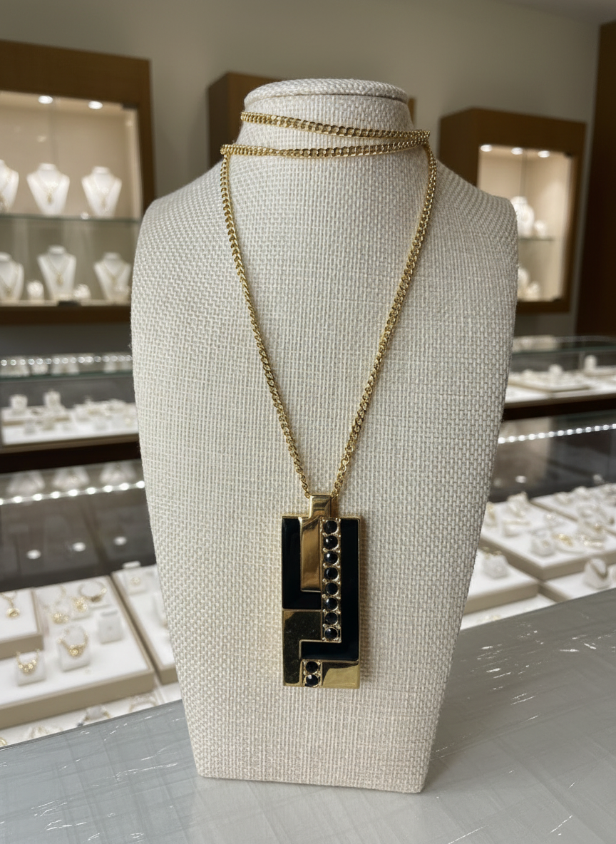 Vintage ST. JOHN Statement Necklace – Gold Tone Geometric Pendant Black Crystals