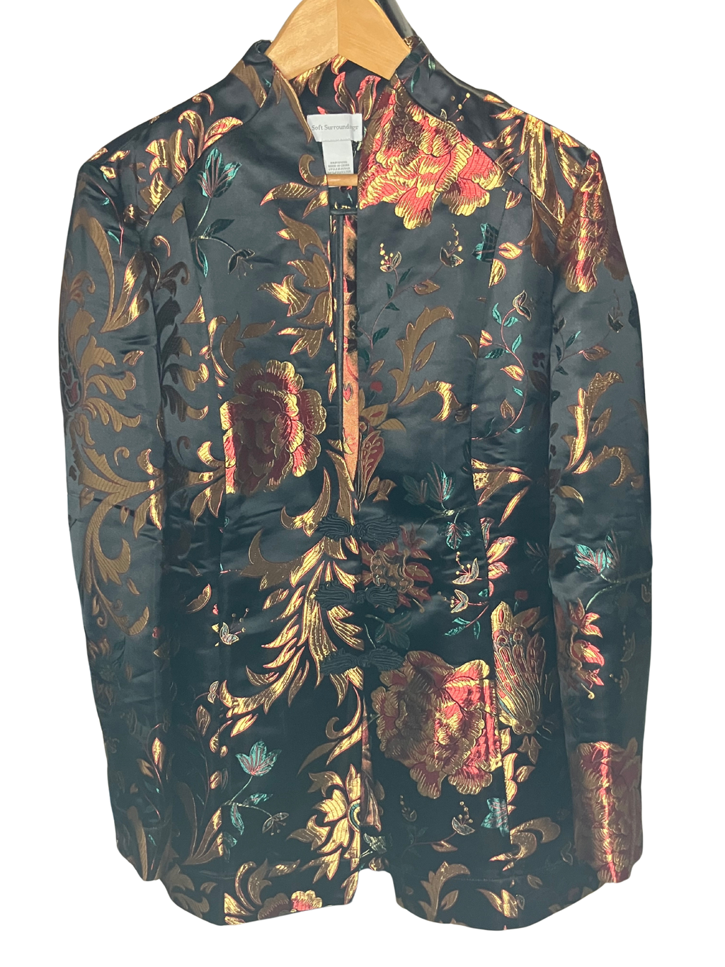Soft Surroundings Brocade Mandarin Jacket Black Gold Floral XL Oriental