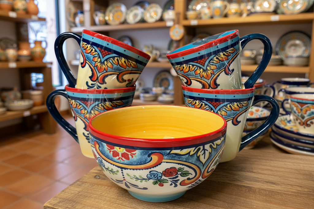 Euro Ceramica Hand-Painted Floral Mug & Bowl Set - 4 Mugs + 1 Bowl