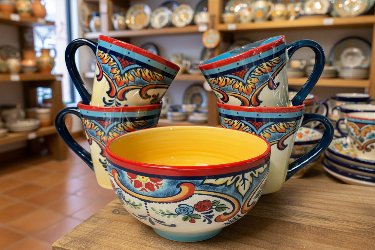 Euro Ceramica Hand-Painted Floral Mug & Bowl Set - 4 Mugs + 1 Bowl