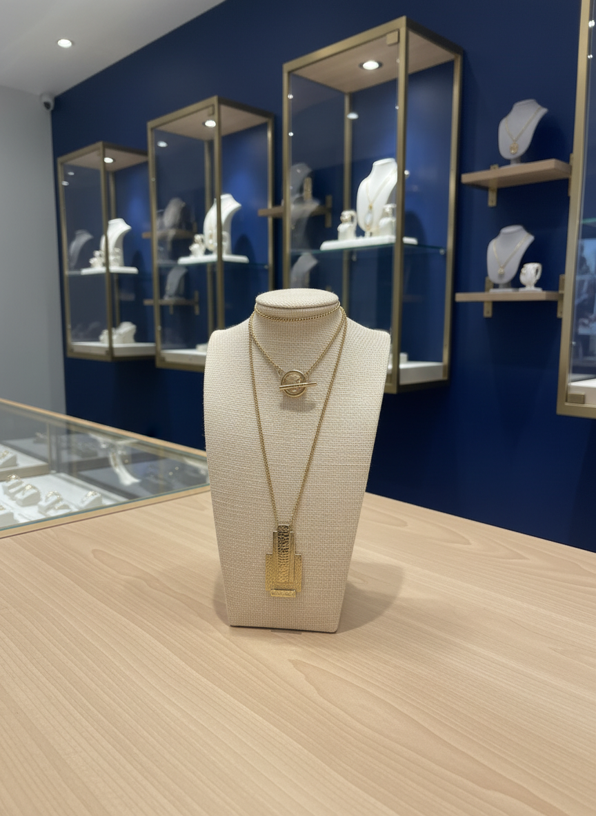 St. John Art Deco Geometric Pendant Necklace Gold-Tone Toggle Clasp