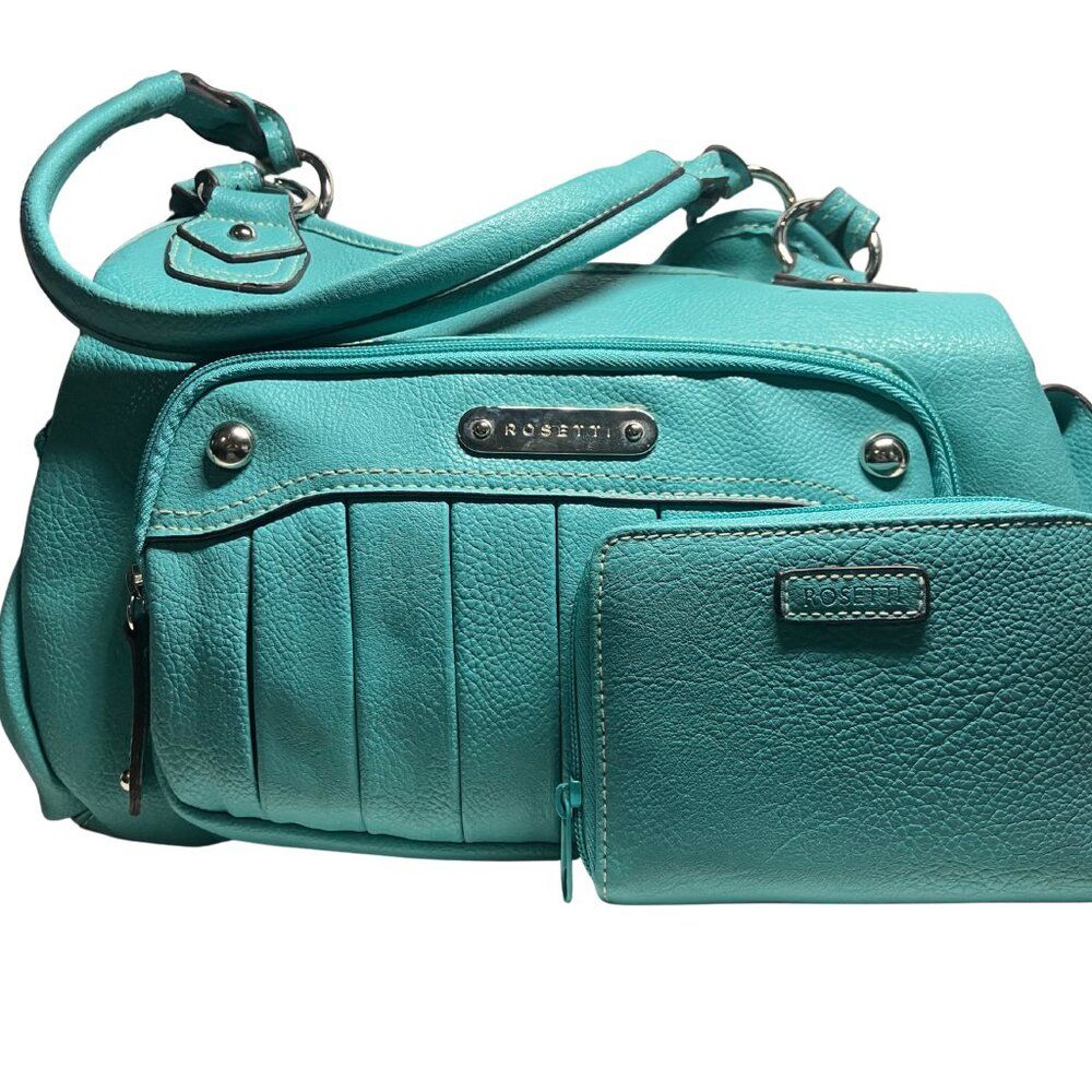 Rosetti Aqua Blue Handbag Purse with Matching Wallet Faux Leather Satchel