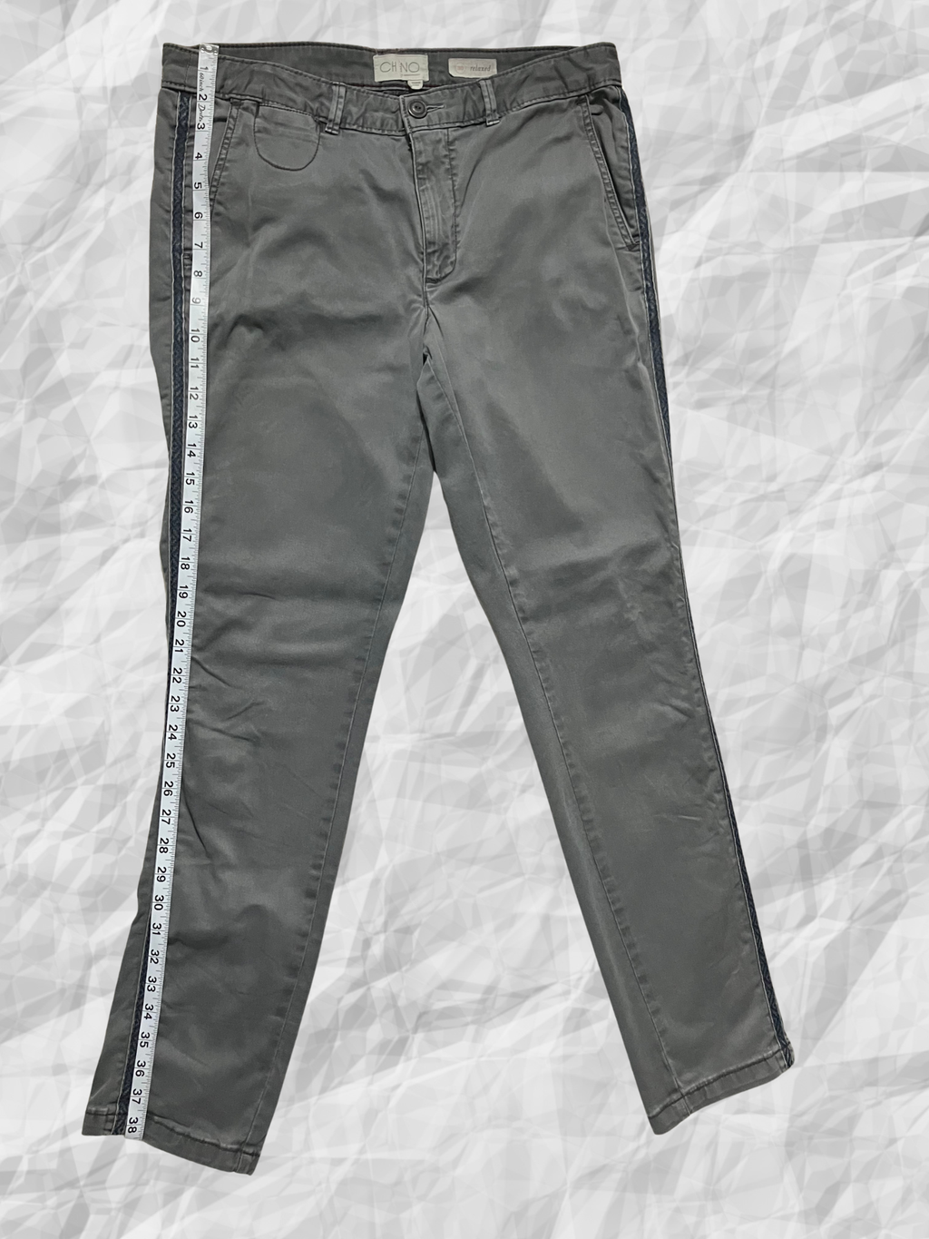 Chino by Anthropologie — Tailored Pants | Slate gray cotton with navy side stripe · Sz 30