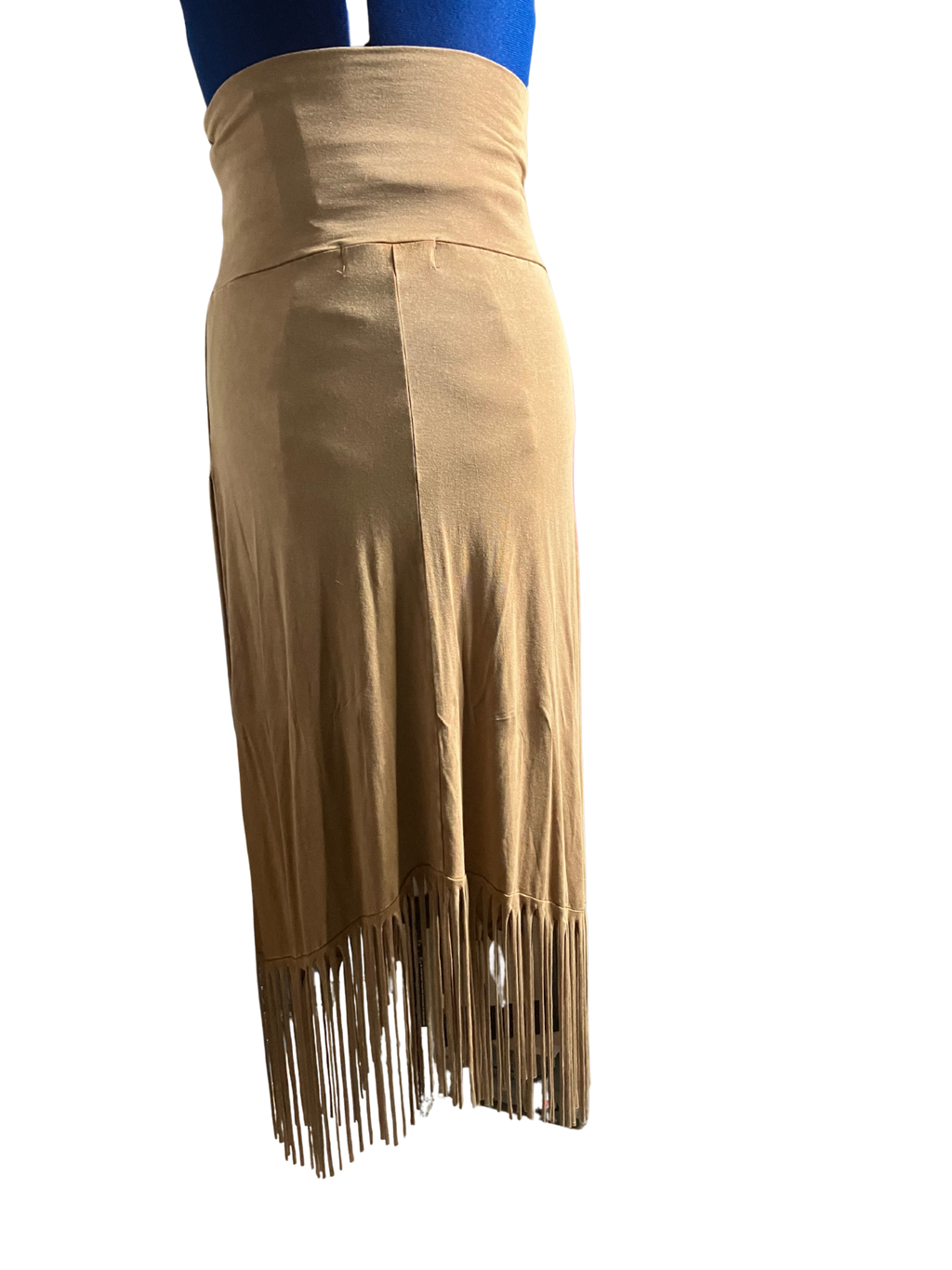 Raya Sun Tan Fringe Skirt - Bohemian High-Waisted Asymmetric Hem Size S