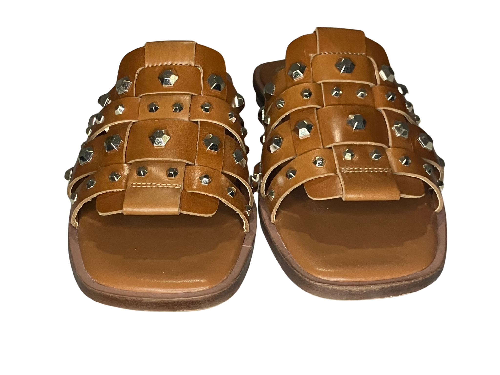 Vince Camuto Neverna Studded Slide Sandals – Cognac Leather Woven Straps