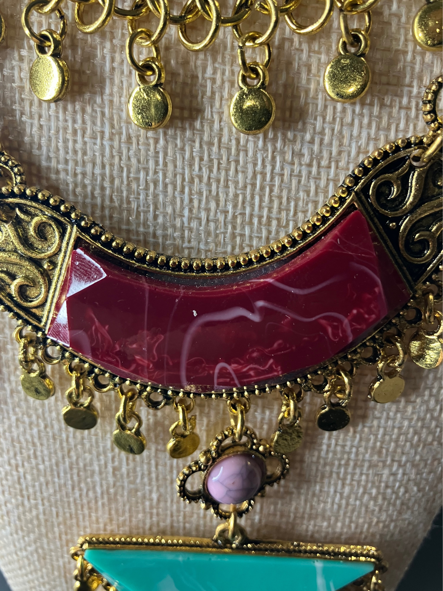 Boho Tribal Statement Necklace Turquoise Coral Multi-Layer Gold Bib