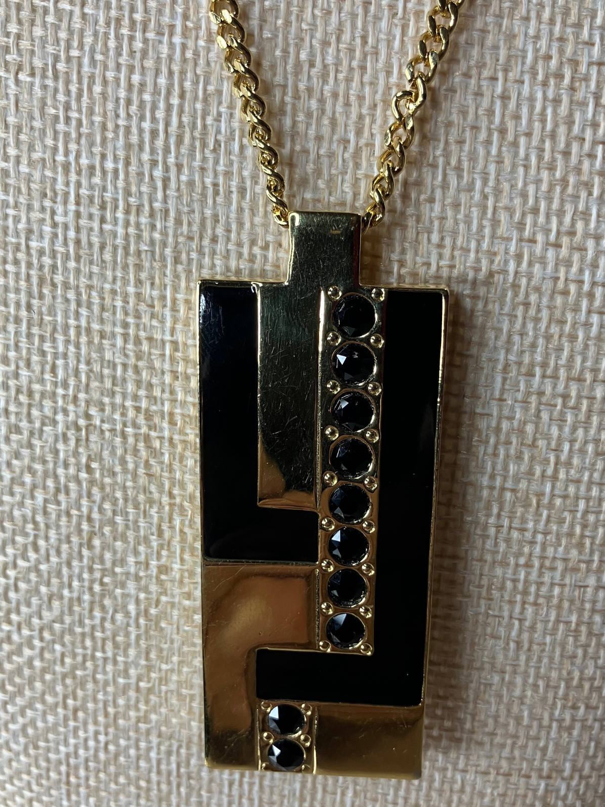 Vintage ST. JOHN Statement Necklace – Gold Tone Geometric Pendant Black Crystals