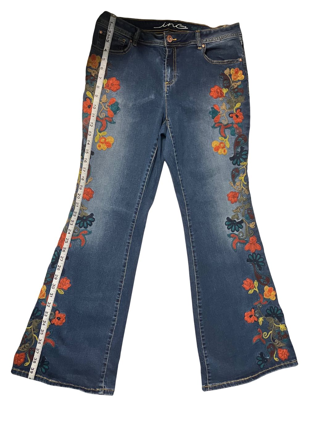 INC International Concepts Floral Embroidered Flare Jeans Size 12
