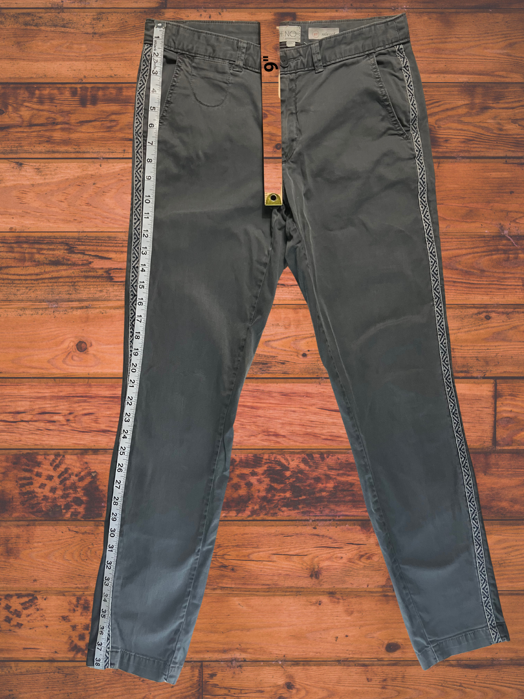Chino by Anthropologie — Tailored Pants | Slate gray with a geometric embroidered stripe · Sz 27