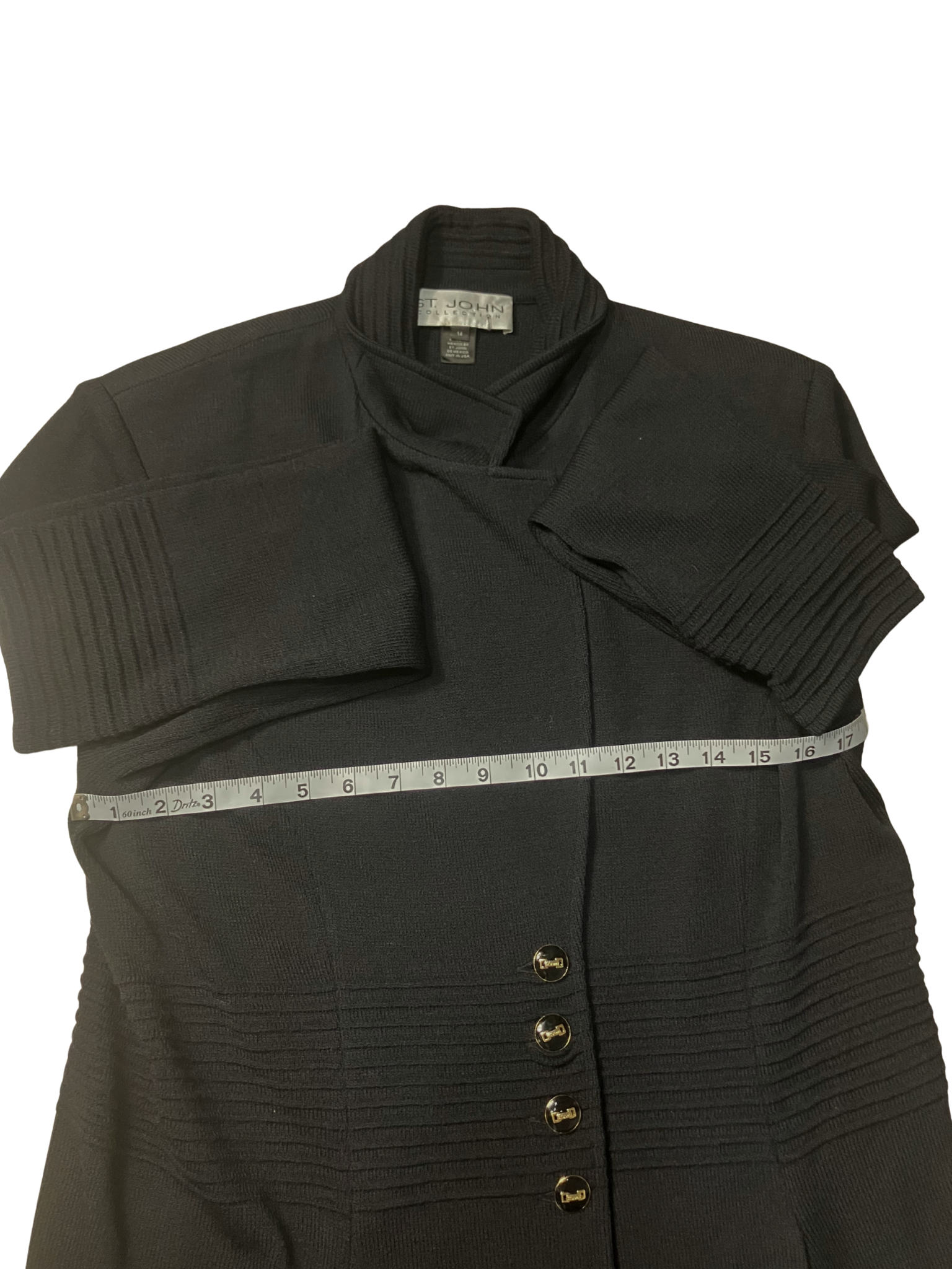 St. John Collection Black Knit Long Coat Ribbed Detail Size 14