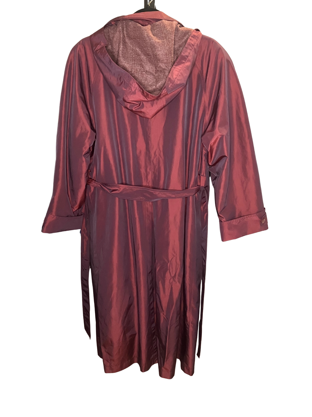 FS Rainwear — Hooded Long Coat | Burgundy fleece-lined nylon, late 90s vintage · Sz L