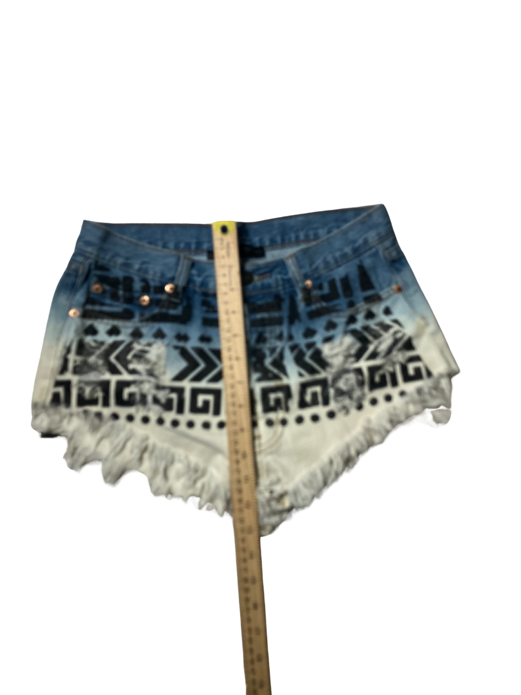Signature Tribal Print Ombré Denim Cutoff Shorts - Blue Cream Frayed