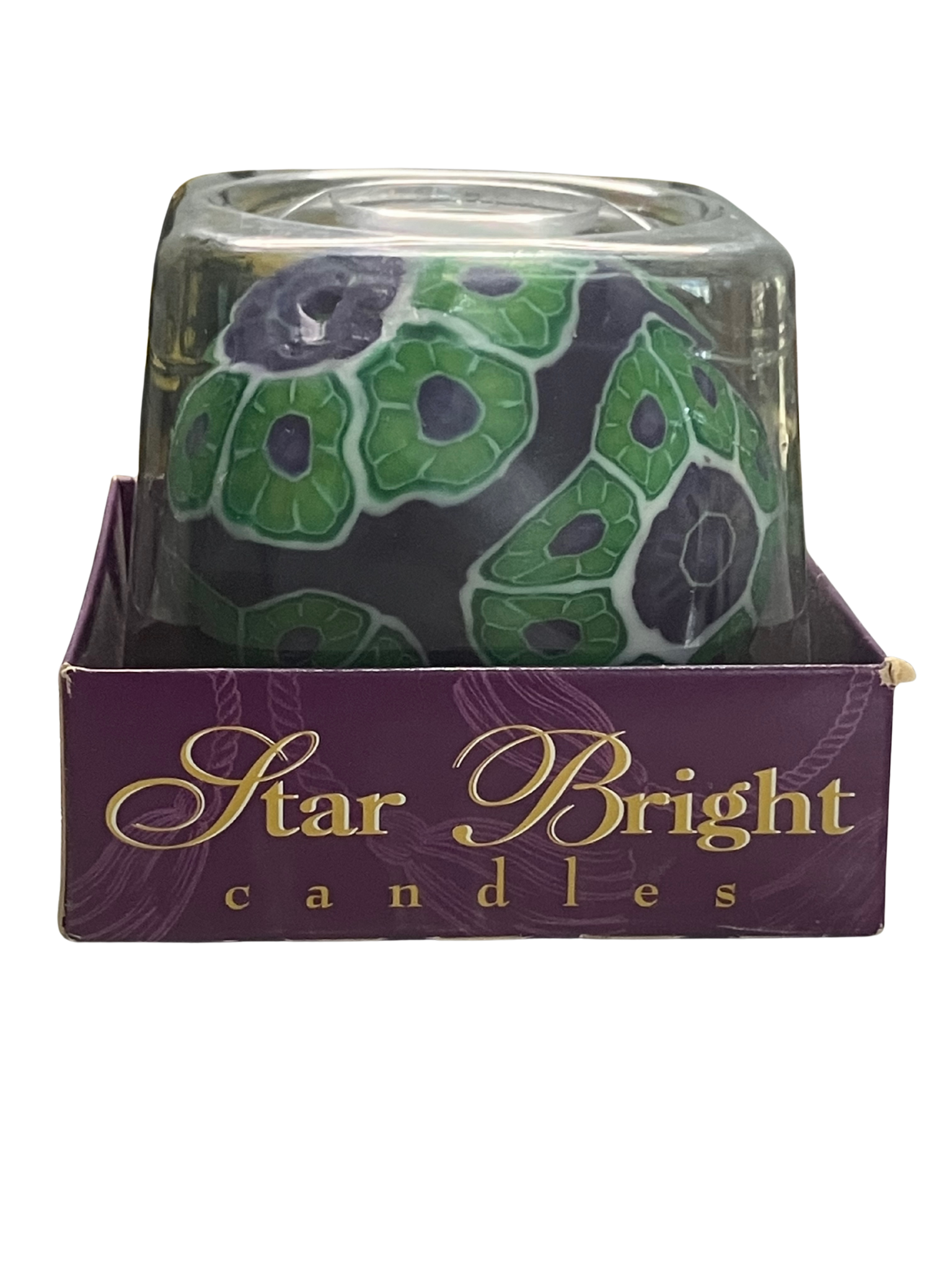 Vintage 1990s Star Bright Decorative Candle - Green Purple Floral Wax