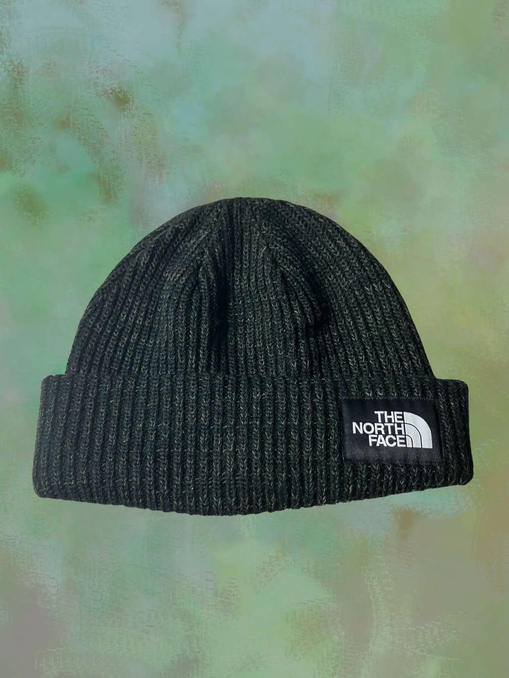 The North Face — Beanie | Deep black, ribbed knit, box logo · Sz OS