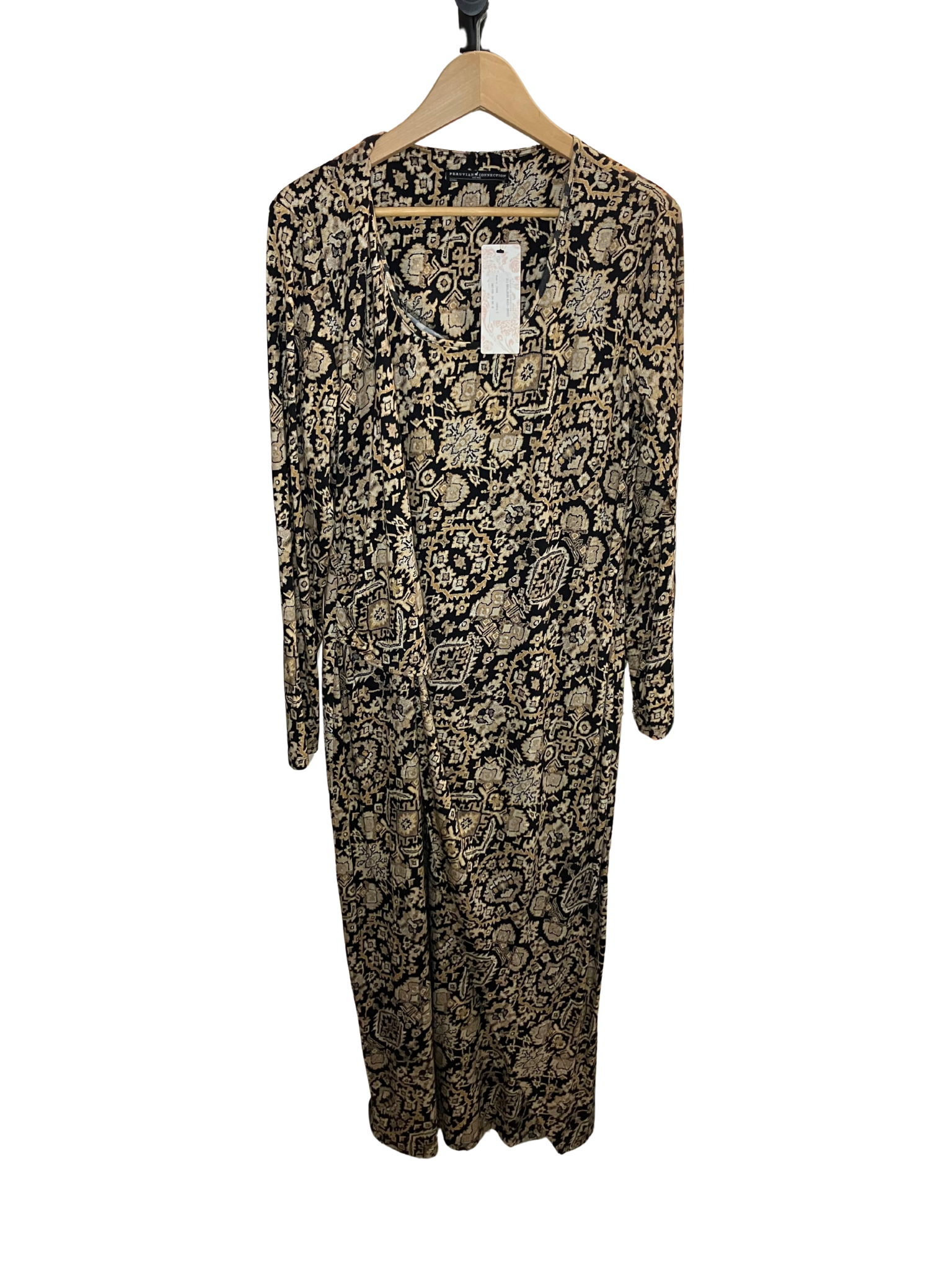 Peruvian Connection Shalimar Maxi Dress XL Black Gold Boho Long Sleeve NWT