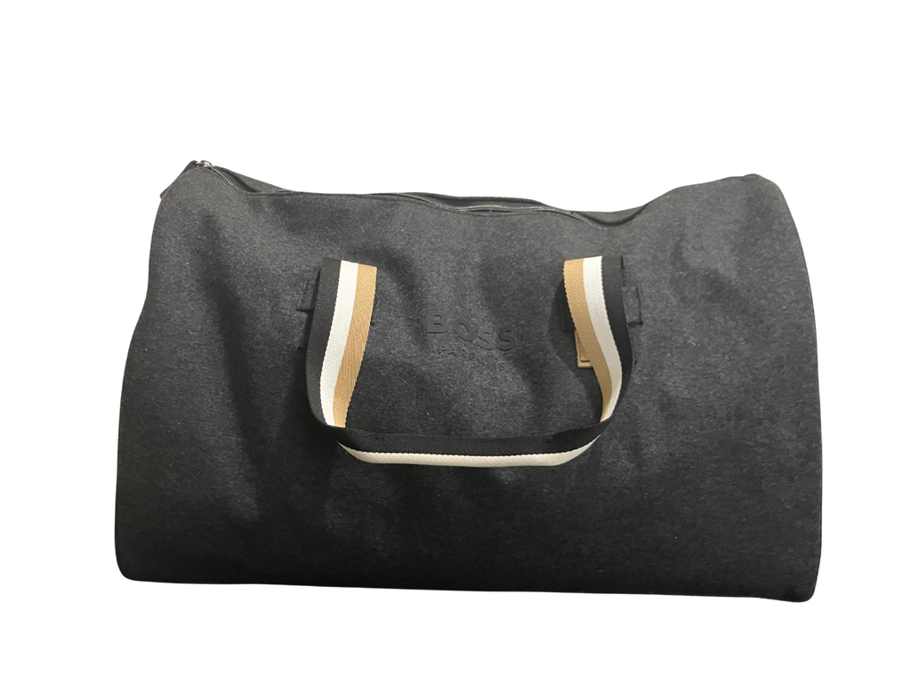 BOSS Parfums Gray Felt Duffel Bag with Striped Handles Travel Gym Bag