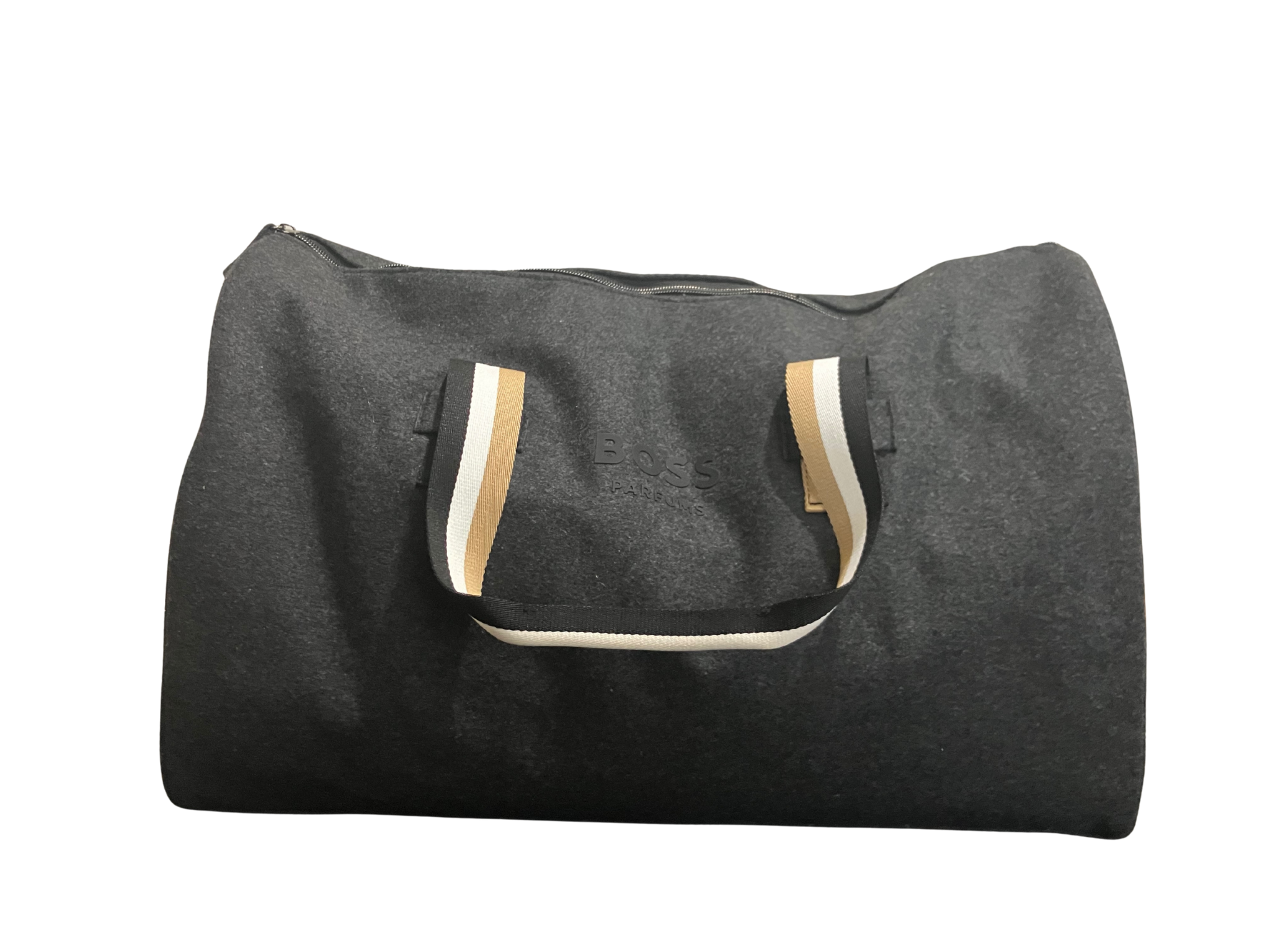 BOSS Parfums Gray Felt Duffel Bag with Striped Handles Travel Gym Bag