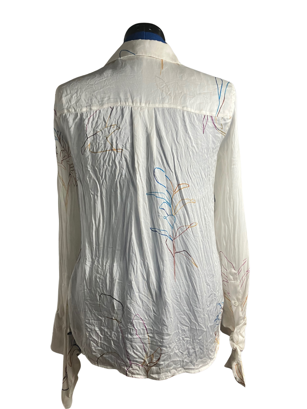 Theory Ivory Silk Abstract Print Blouse - Tie Cuff Button Down Size P