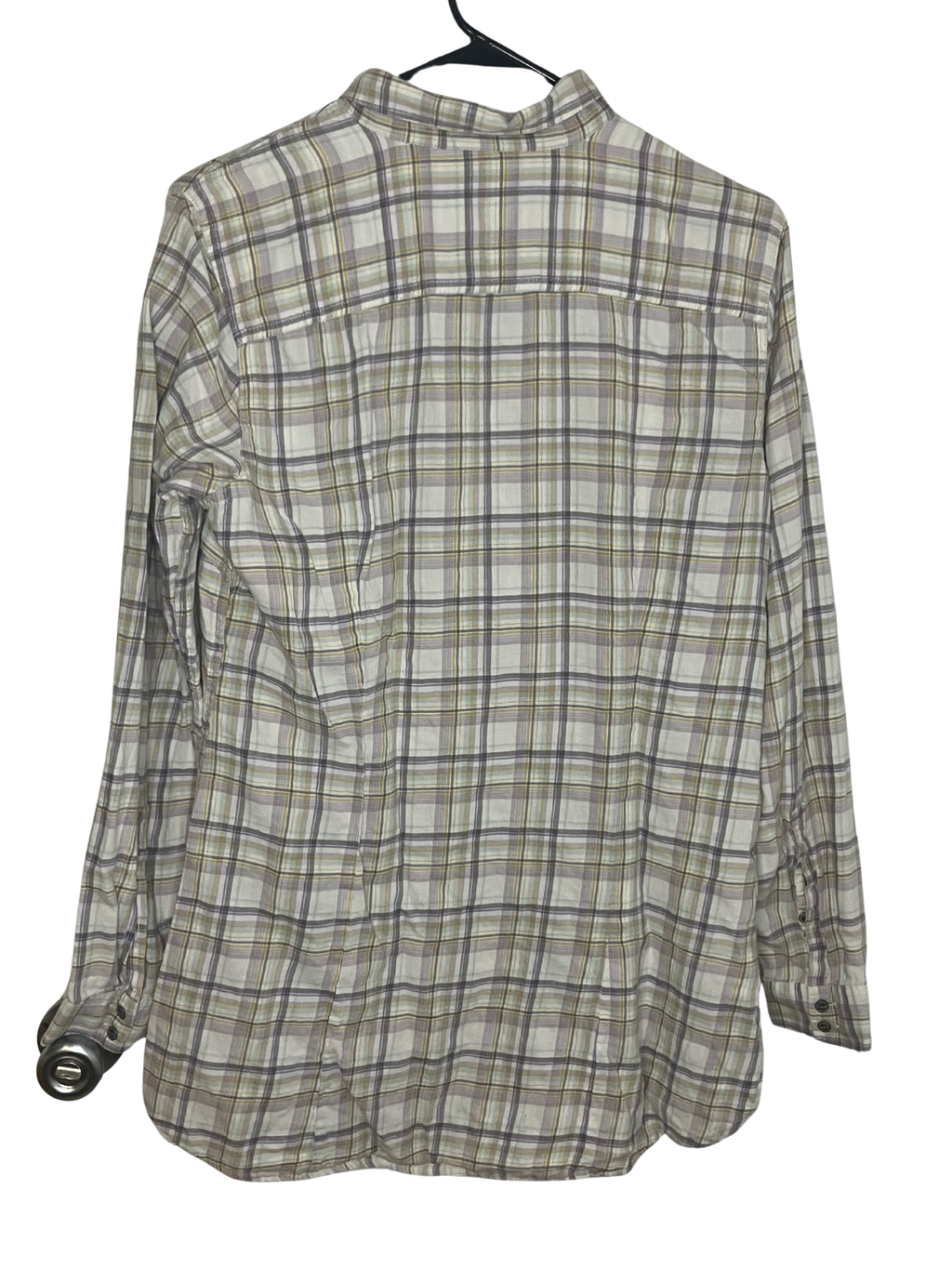 Eddie Bauer Plaid Ruffle Blouse Size L - Green Gray Cotton Roll Tab Sleeves