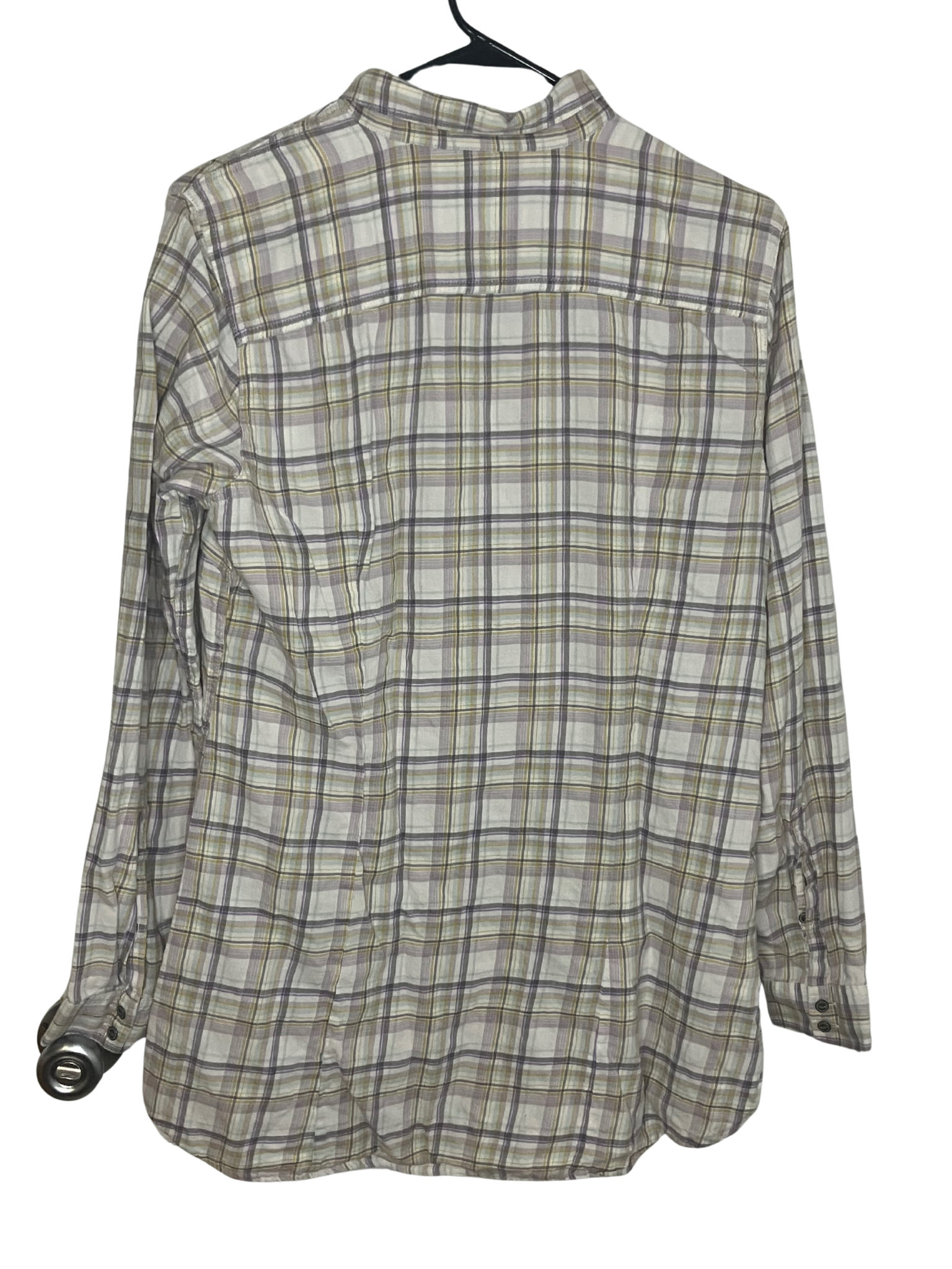 Eddie Bauer Plaid Ruffle Blouse Size L - Green Gray Cotton Roll Tab Sleeves