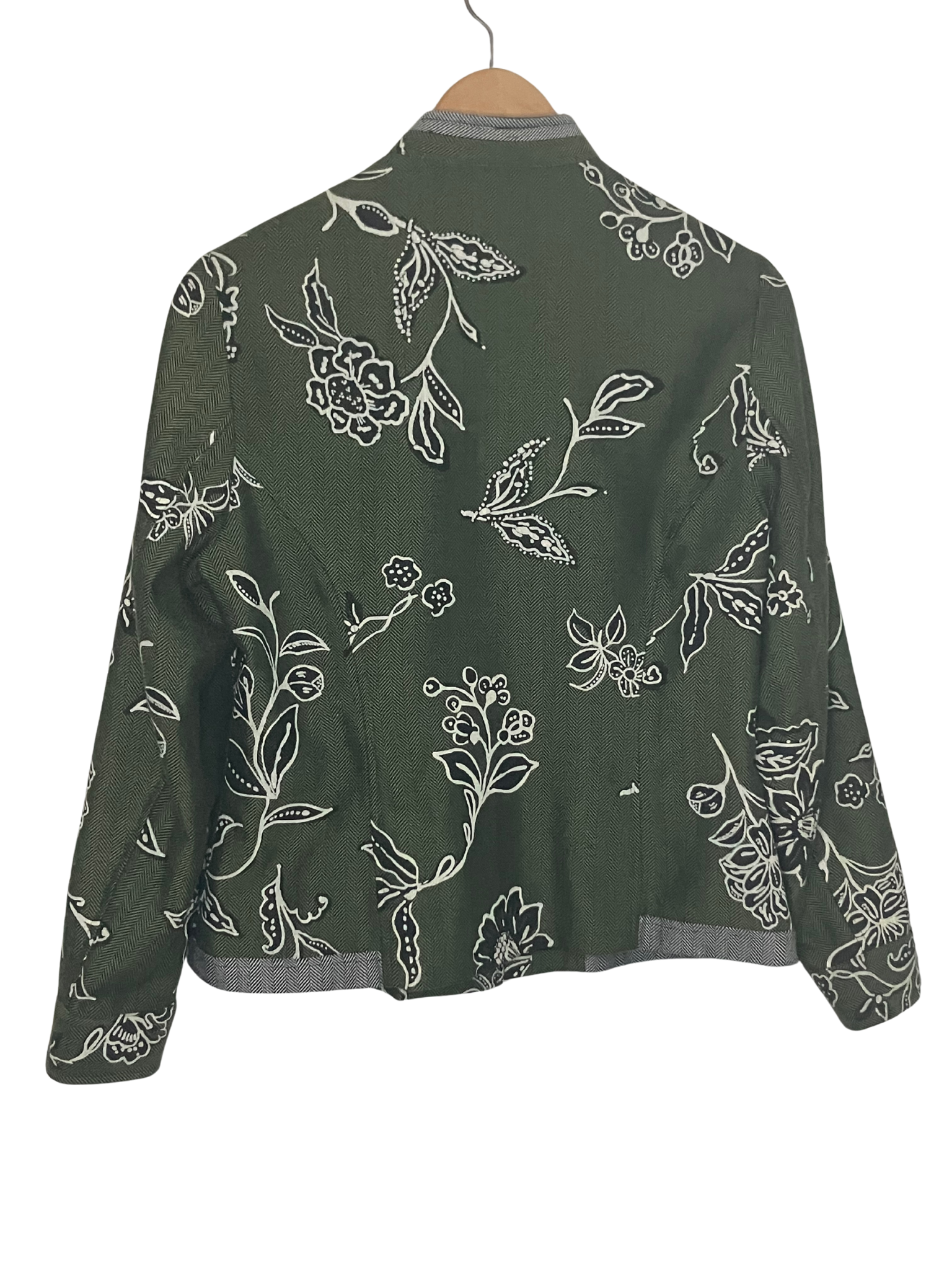 Coldwater CreekOlive Green Embroidered Floral Jacket – White Botanical Print Button-Up