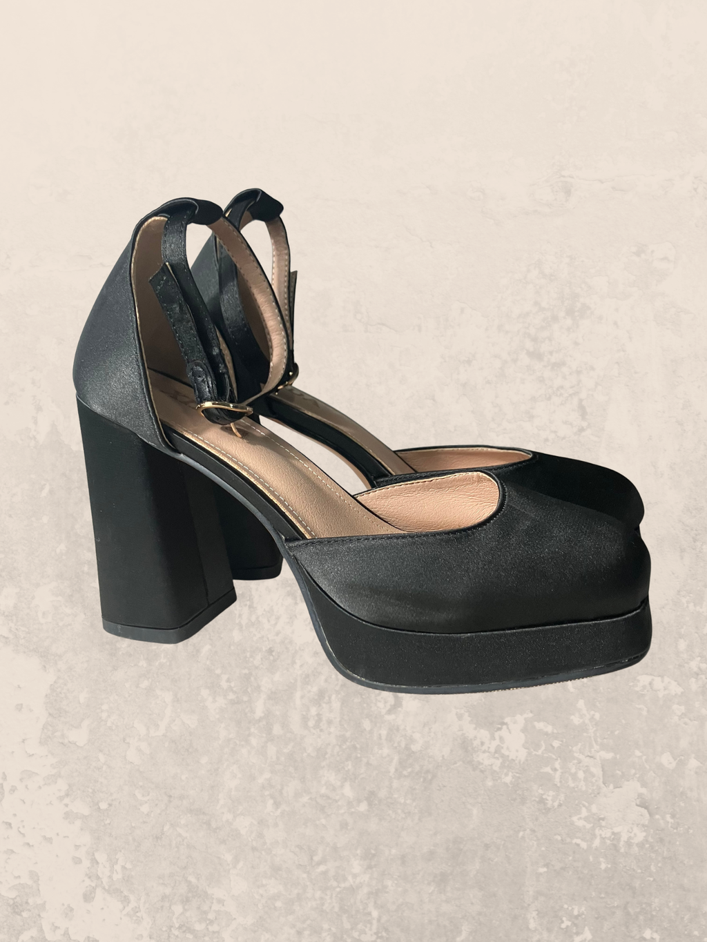 Xieda — Platform Block Heel | Black satin, ankle strap, gold buckle · Sz 6