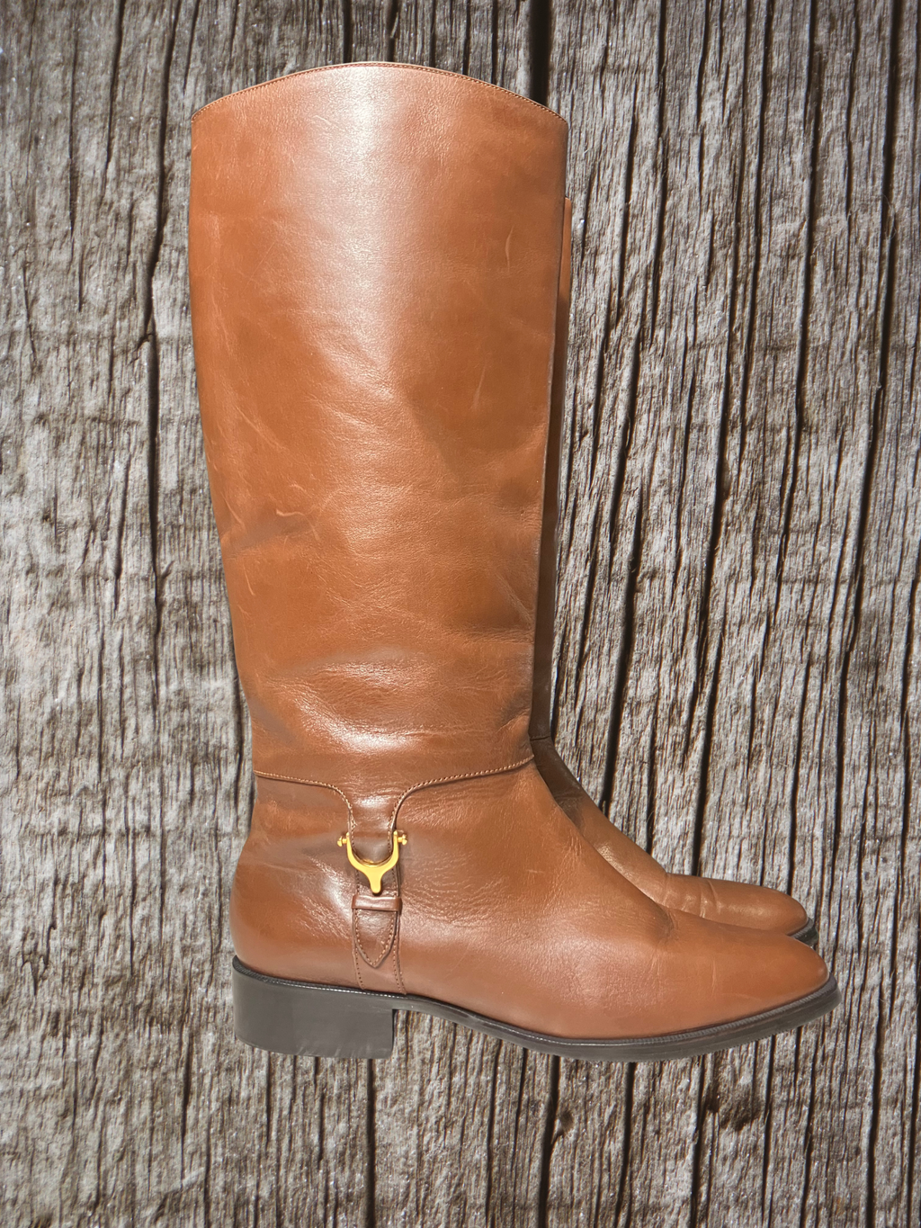Etienne Aigner — Tall Riding Boots | Cognac leather, gold stirrup hardware · Sz 9