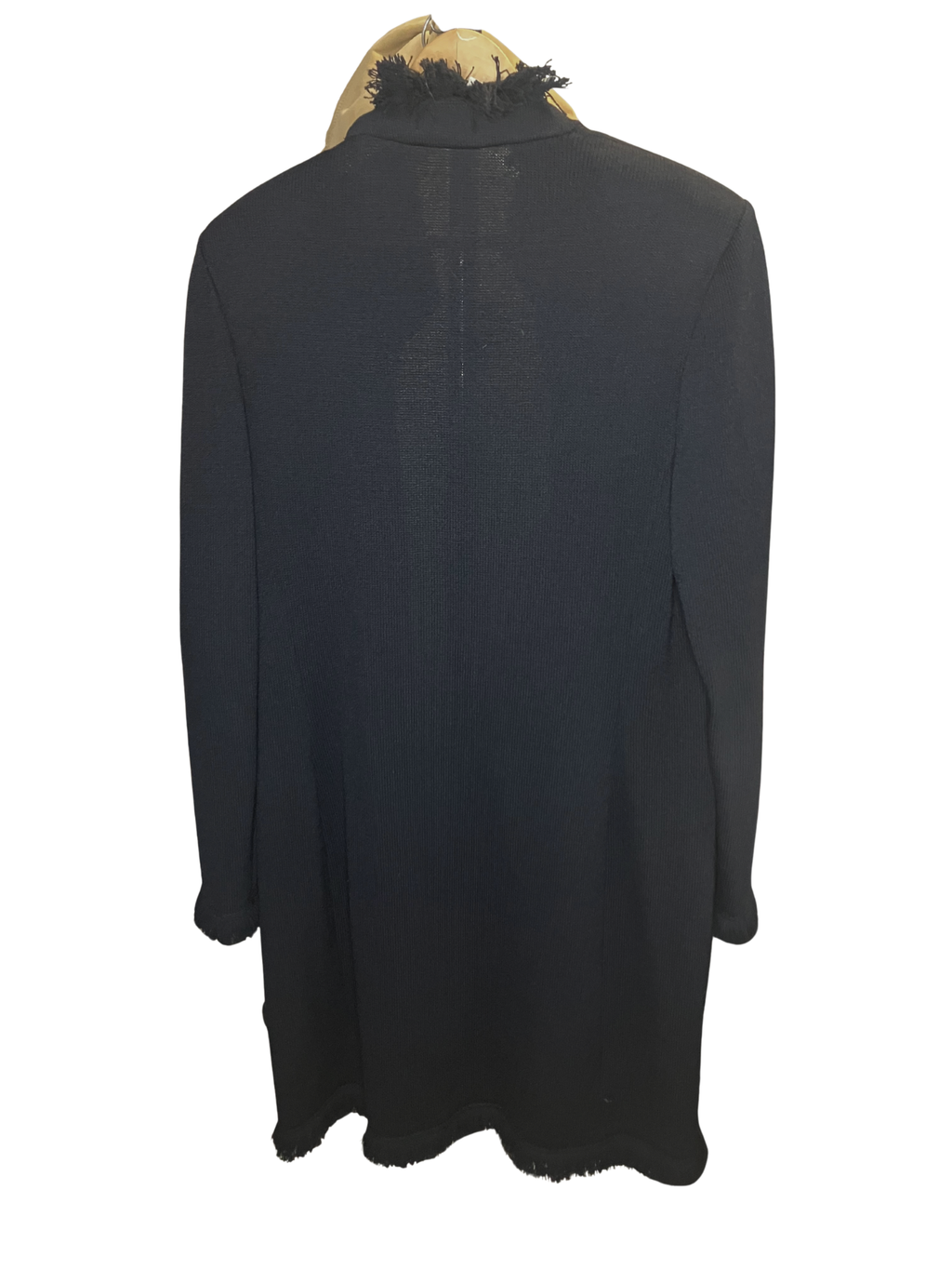 St. John Collection Black Wool Knit Long Coat Fringe Detail Size 0
