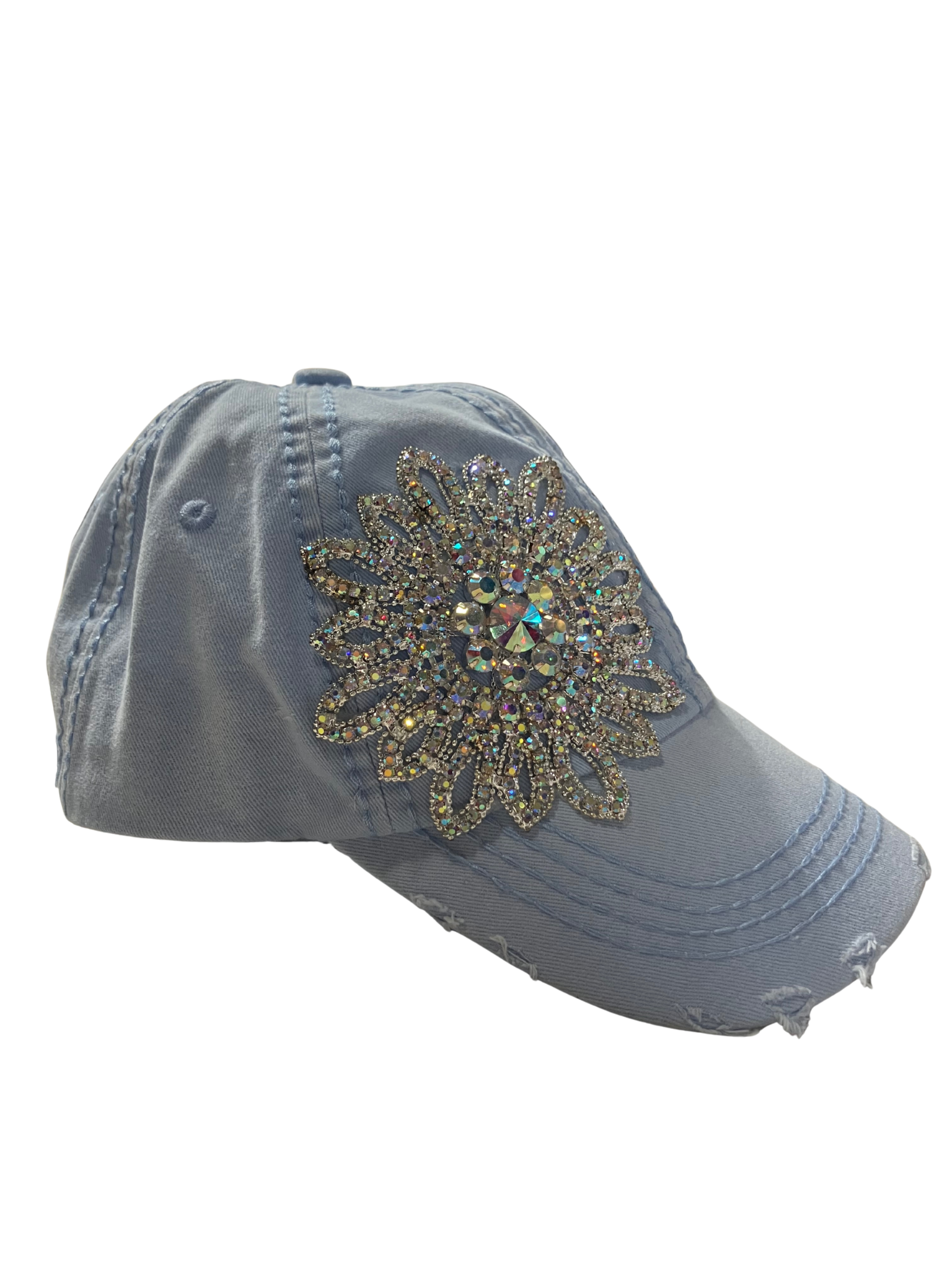 Olive & Pique Light Blue Rhinestone Floral Baseball Cap