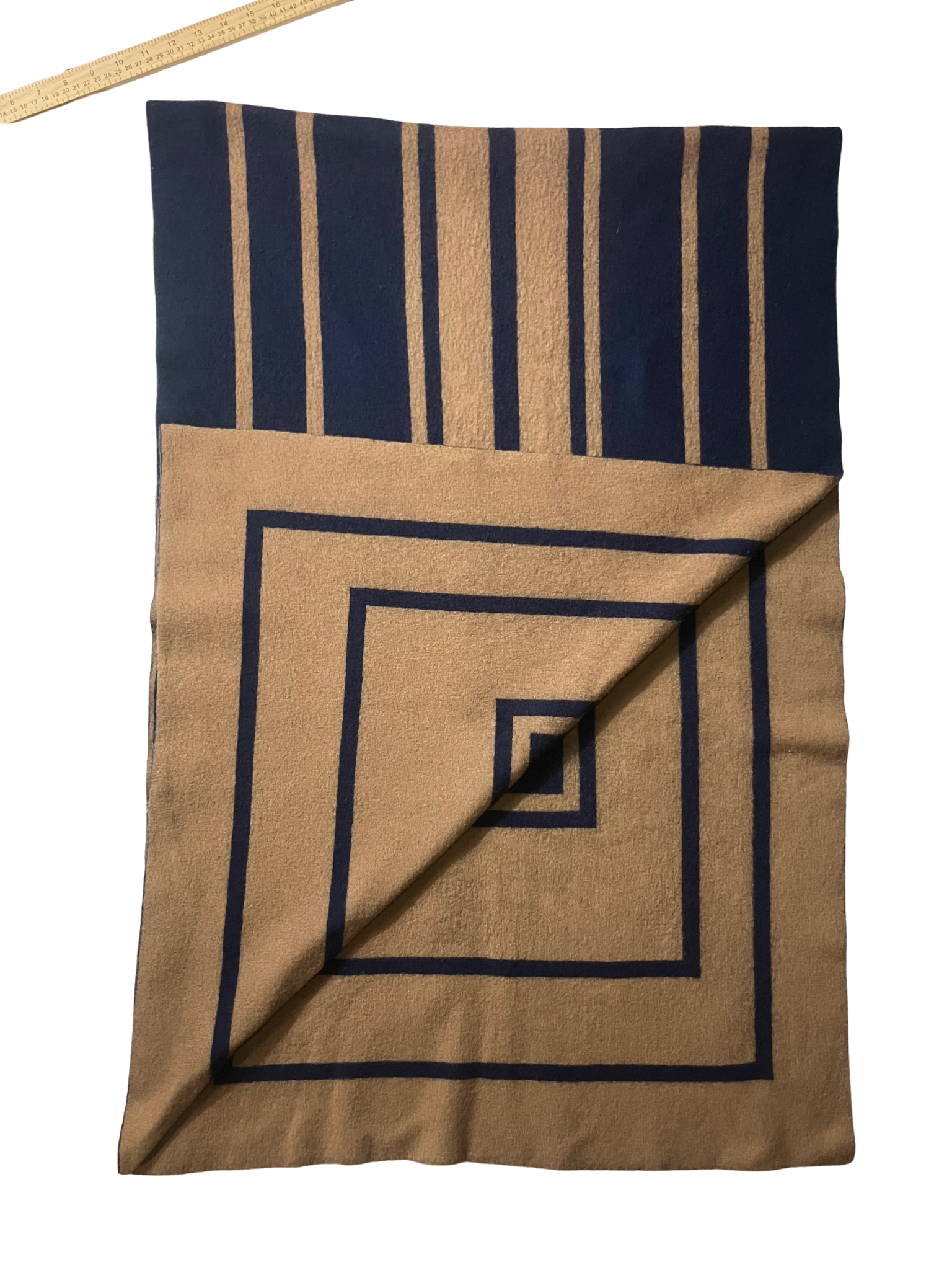 Vince Reversible Navy & Camel Geometric Scarf - Wool Wrap One Size